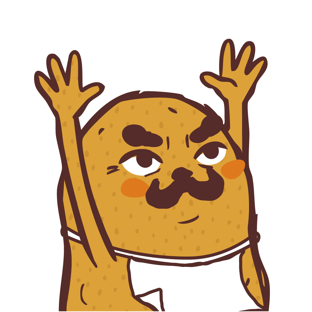 Sr. Potato, o mascote da Like Potato, comemorando de braços erguidos